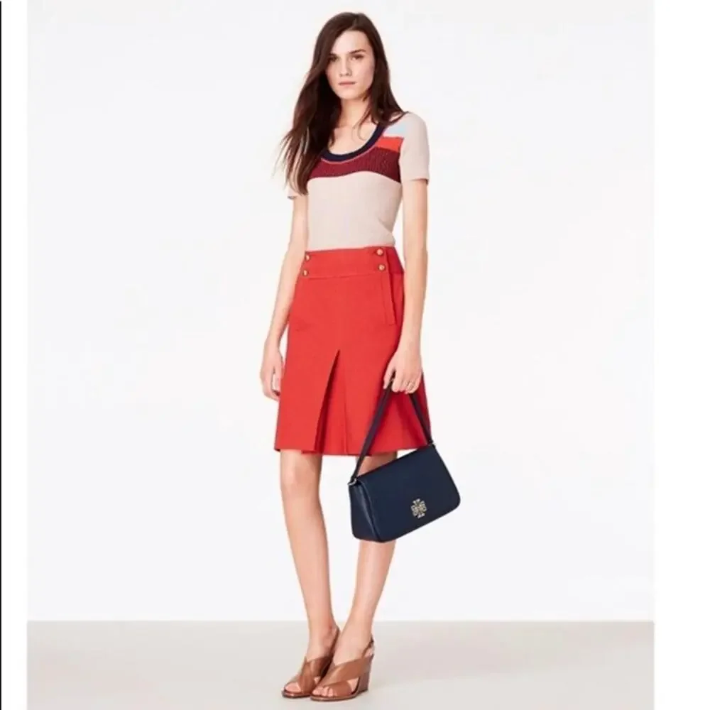 Tory Burch Thea Canyon Cotton Pleated A-Line Skirt Size 10 Orange Stretch Twill